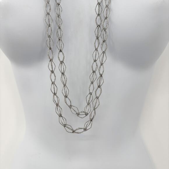 Natasha Silver-tone Woven Link Necklace – 36" Length, Two Strand, Textured Links - Picture 4 of 7